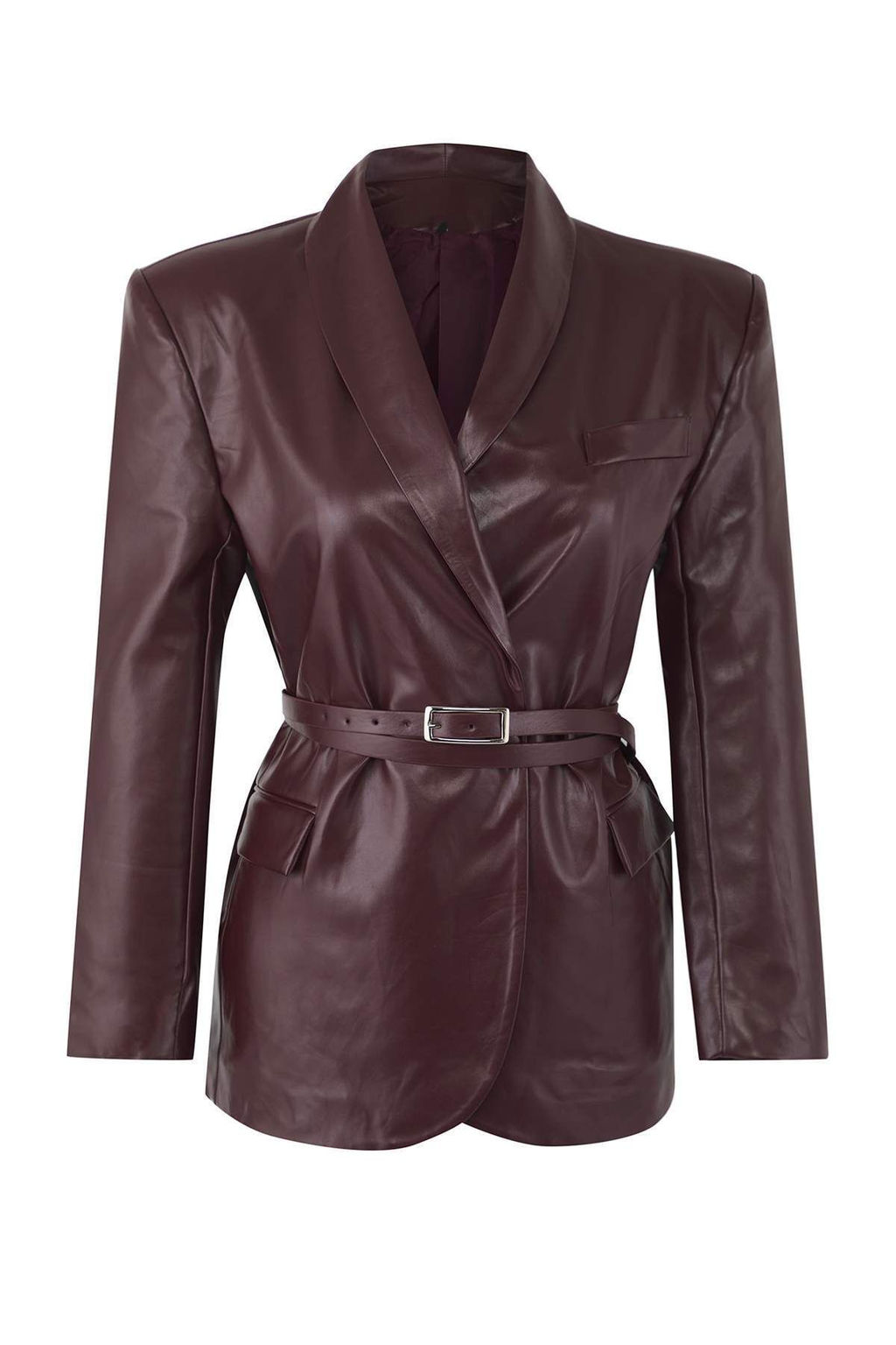 Bordo Kemerli Kruvaze Kapamal? Suni Deri Dokuma Blazer Ceket TWOAW26BC00002 - Trendyolmilla фото 5