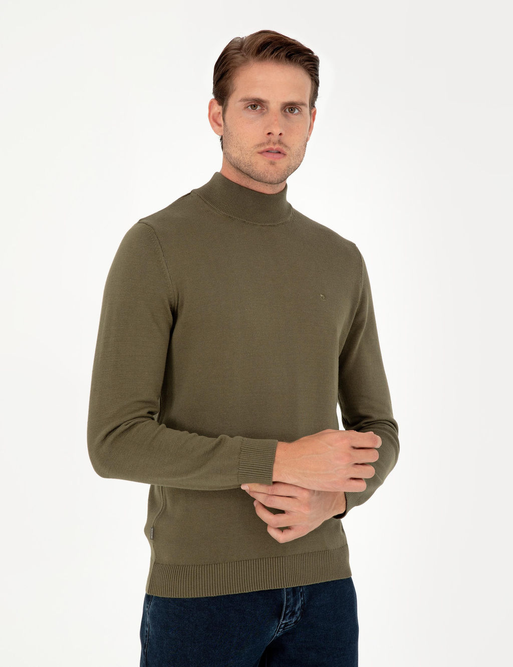 Koyu Haki Slim Fit Yar_m Bal_k__ Yaka Basic Triko Kazak - Pierre cardin фото 3