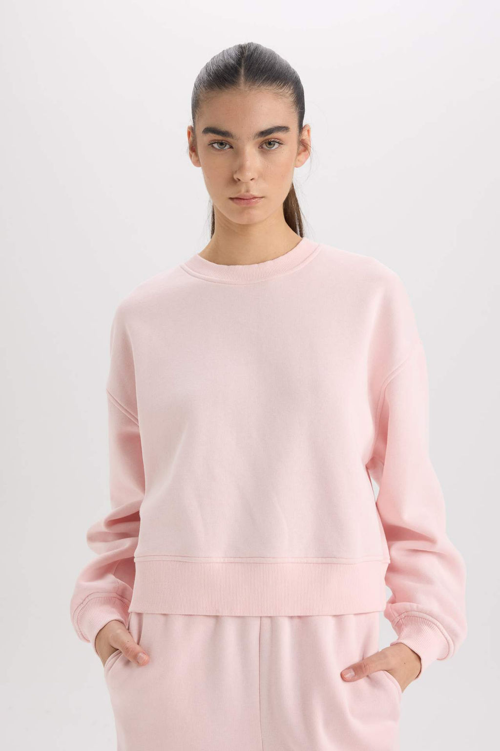 Boxy Fit Bisiklet Yaka Basic Duz Kal?n Sweatshirt - Defacto фото 2