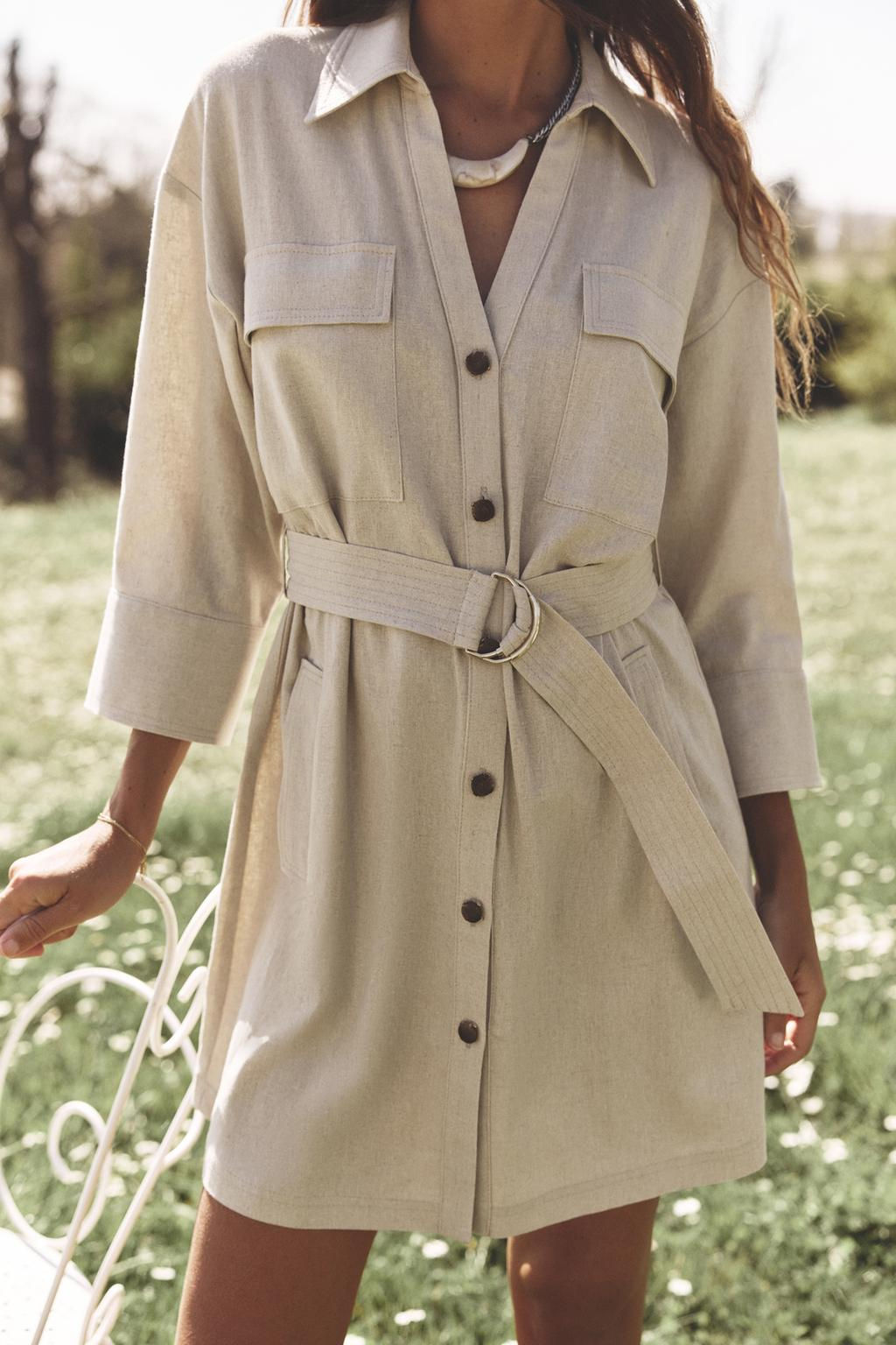 BELTED LINEN MINI DRESS