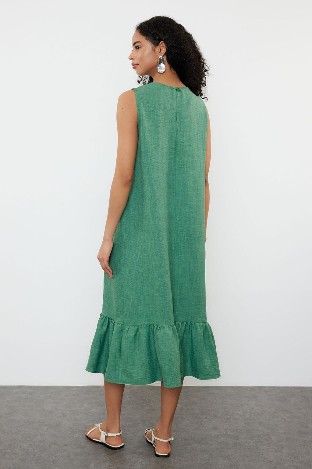 Yesil Duz Kesim Etegi Volanl? Mini Dokuma Elbise TWOSS24EL00520