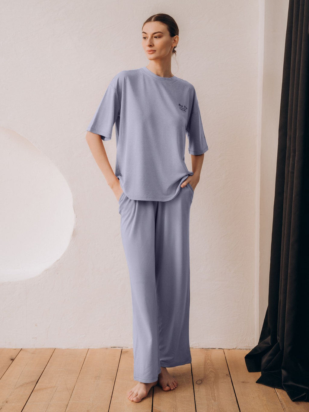 Пижама домашняя Indefini футболка и брюки из полиэстера голубая  фото 4