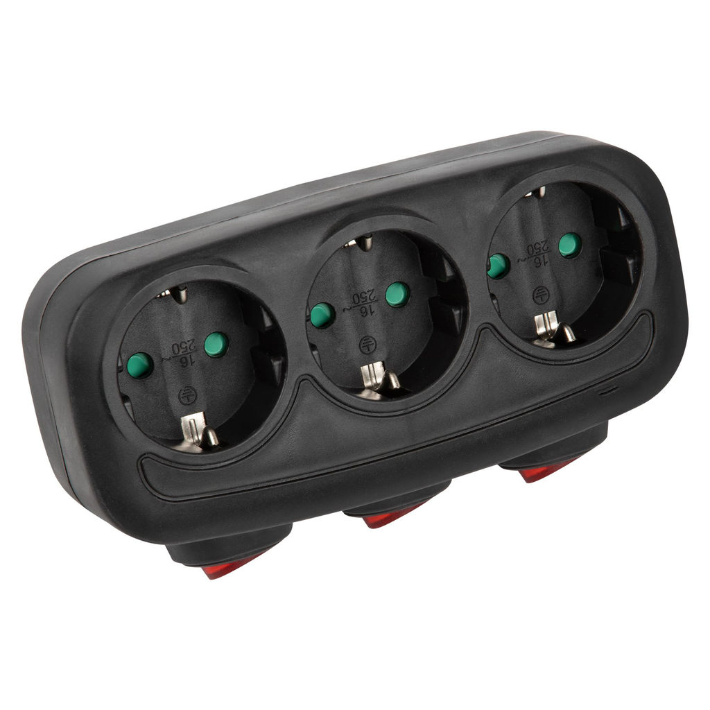 S-GES3-16OB BLACK Разветвитель сетевой с выключателм, с/з. 3 гнезда. 16А, 3500Вт. Черный. ТМ Uniel