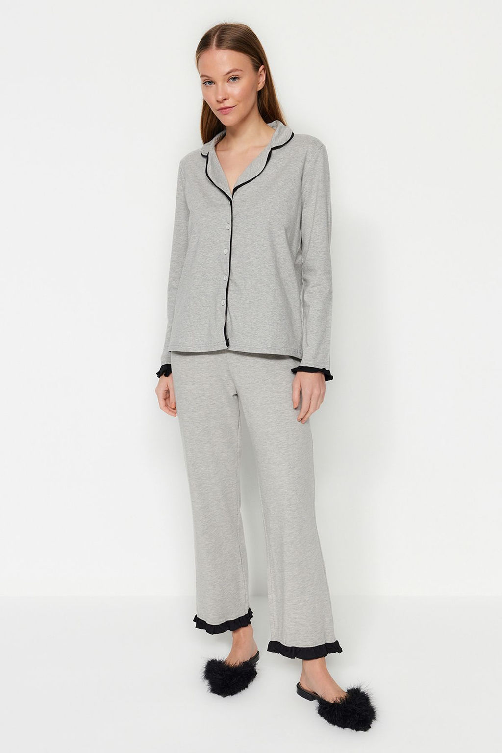 Gri Melanj F?rf?rl? Biyeli Gomlek-Pantolon Orme Pijama Tak?m? THMAW24PT00007