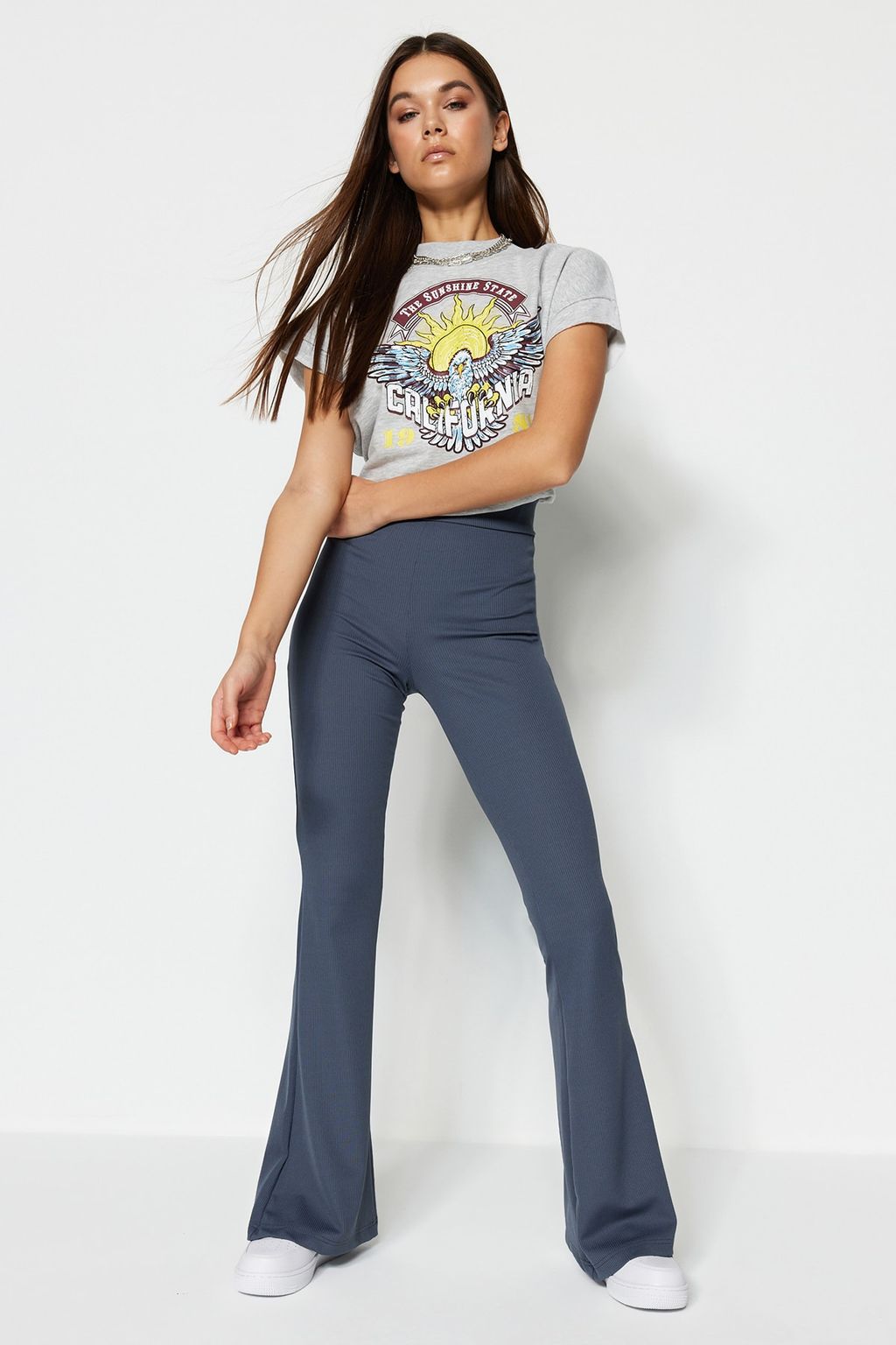 Antrasit Fitilli Flare/Ispanyol Paca Yuksek Bel Esnek Orme Tayt Pantolon TWOSS23PL00135