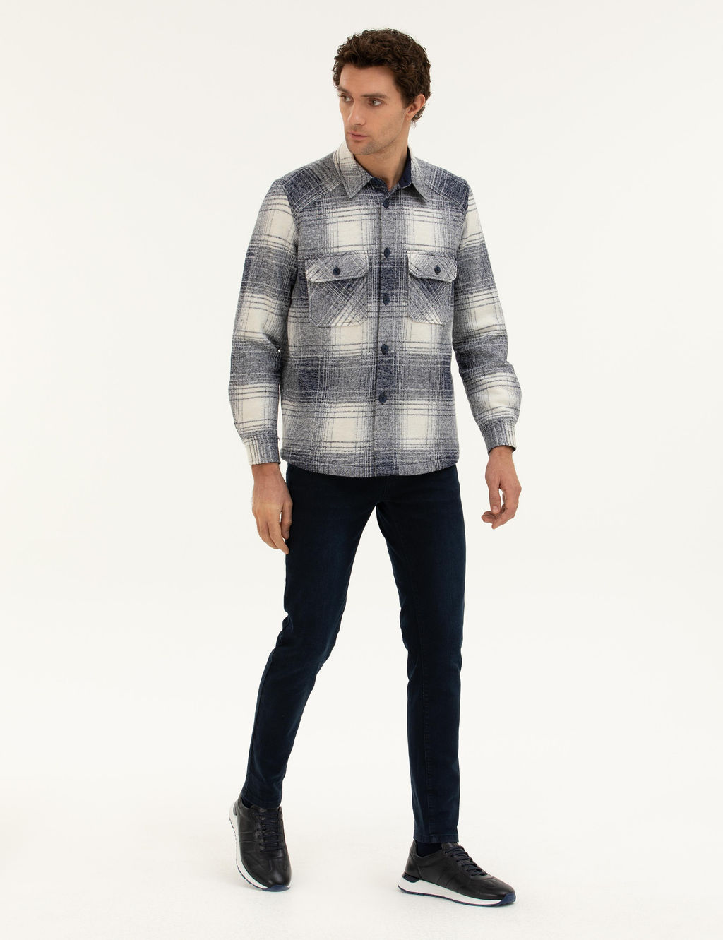 Темно-синяя рубашка-рубашка в клетку из смесовой шерсти - Cacharel фото 4