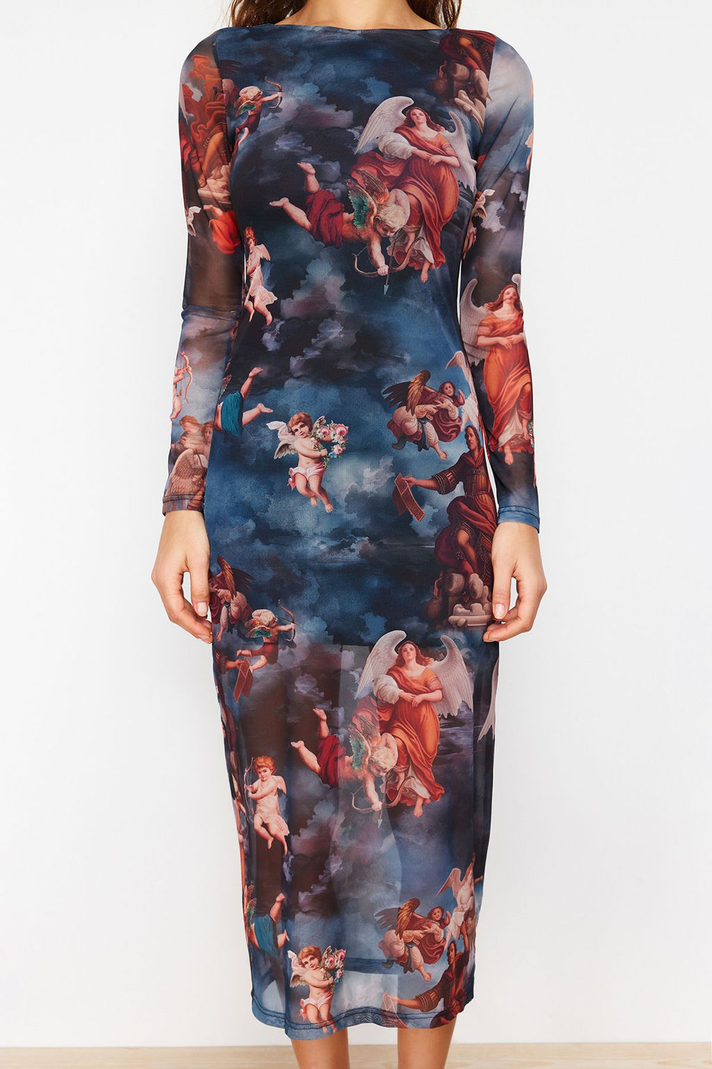 TRENDYOLMILLA Cok Renkli Bisiklet Yaka Bask?l? Astarl? Vucuda Oturan Tul Midi Orme Orme Elbise TWOAW24EL00605 фото 3