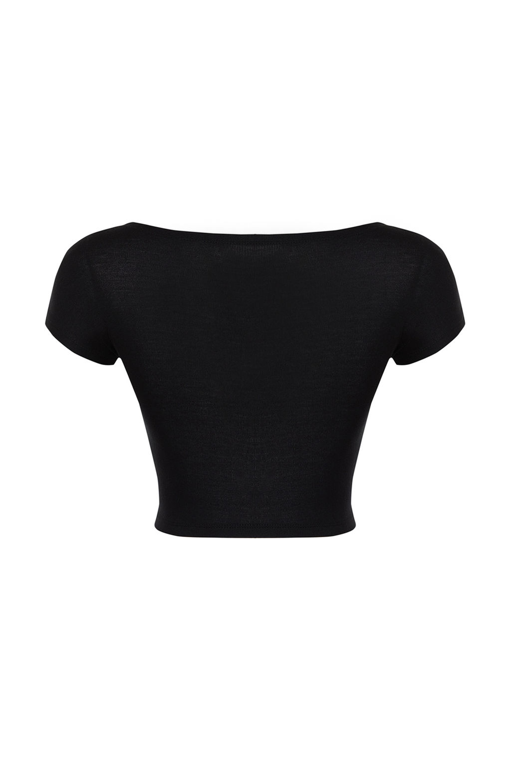 Siyah Bisiklet Yaka Ay Kol Fitted/Vucuda Oturan Crop Orme Bluz TWOSS24BZ00446
