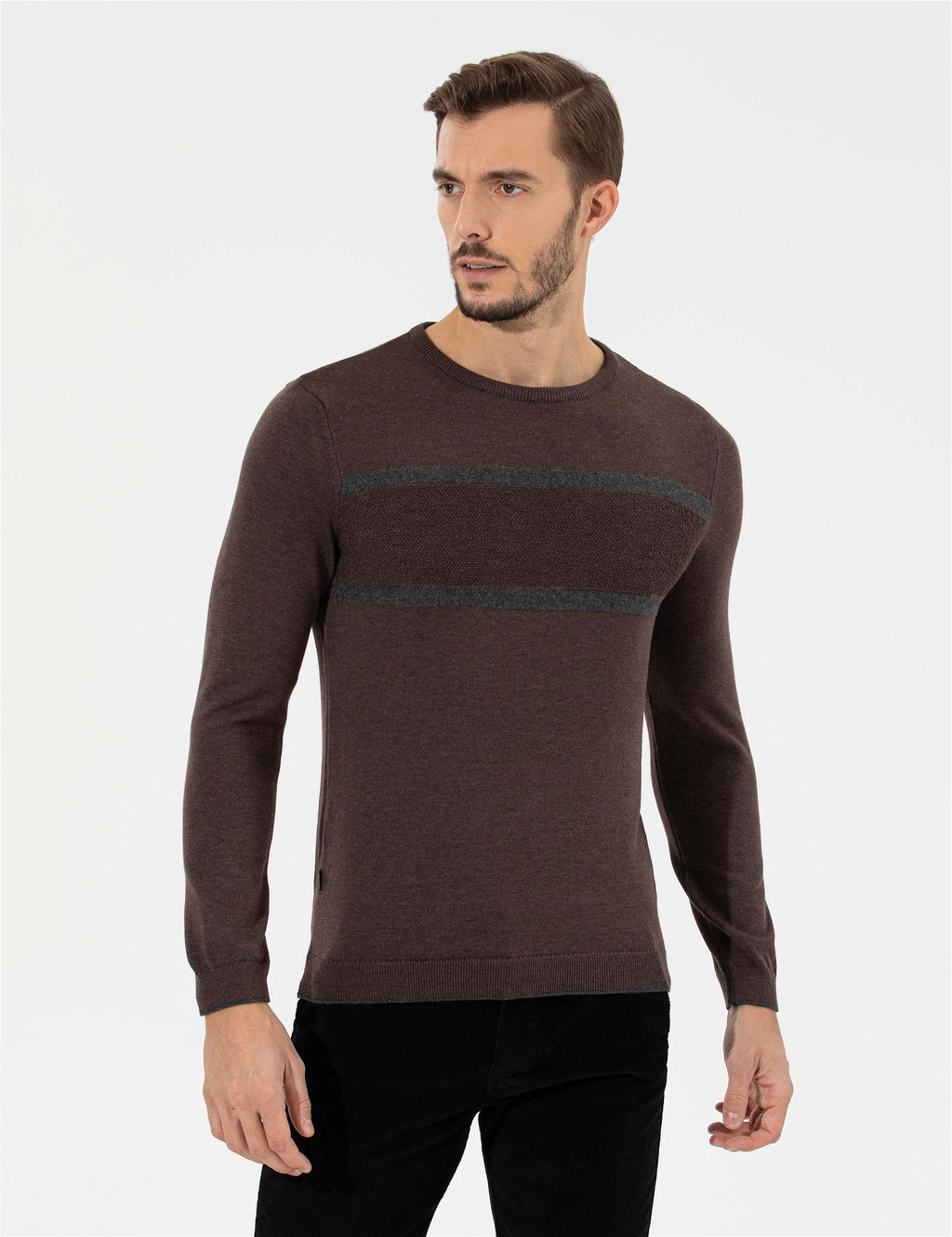 A__k Kahverengi Slim Fit Bisiklet Yaka Triko Kazak