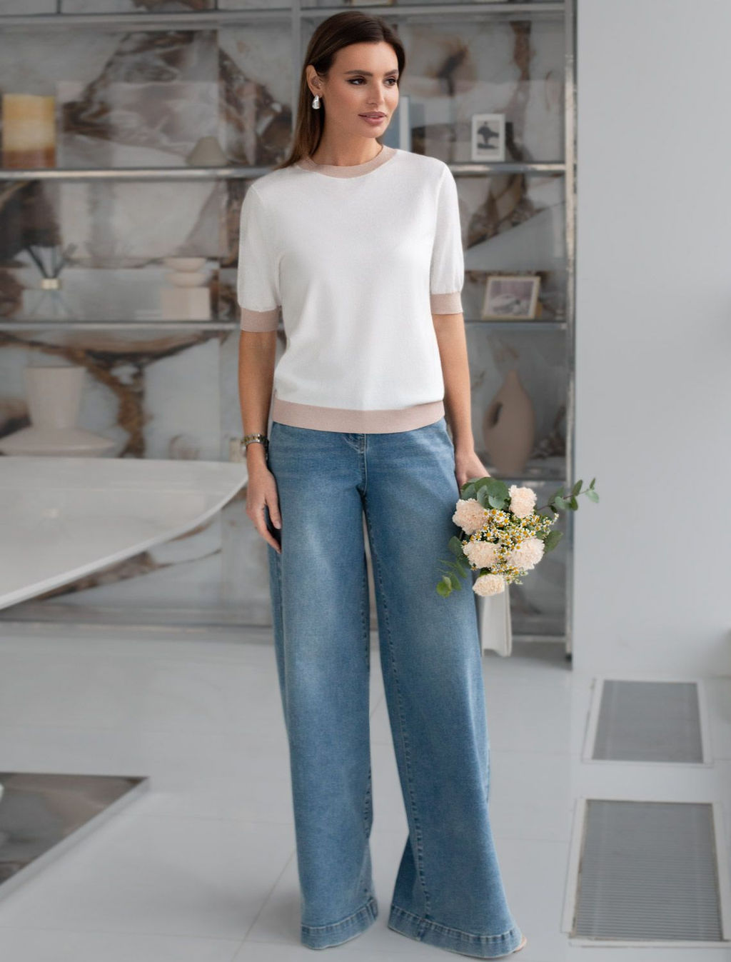 Джемпер с коротким рукавом тонкой вязки из вискозы с люрексом