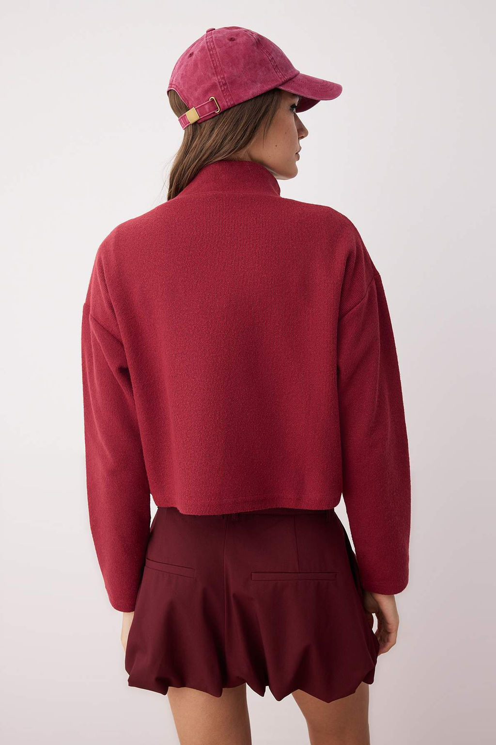 Bordo Selanik/Triko Gorunumlu Fermuarl? Yaka Regular/Normal Kal?p Orme Sweatshirt TWOAW22SW0732