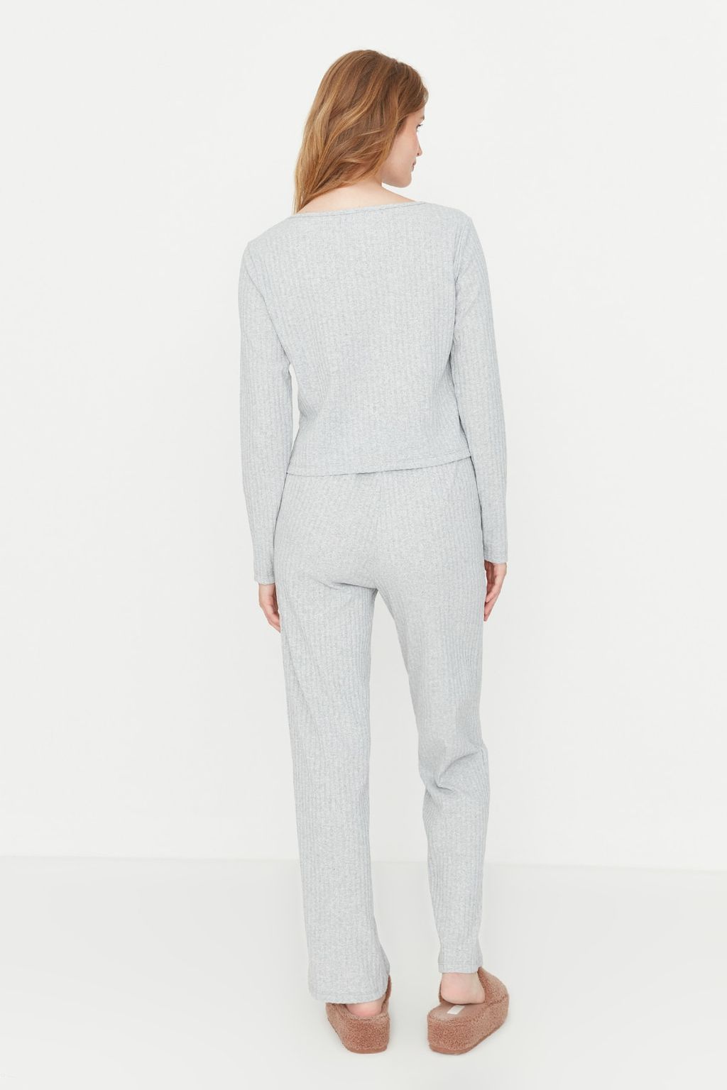 Trendyolmilla Gri Slogan Lastik Detayl? Fitilli Orme Pijama Tak?m? THMAW21PT0269  фото 12