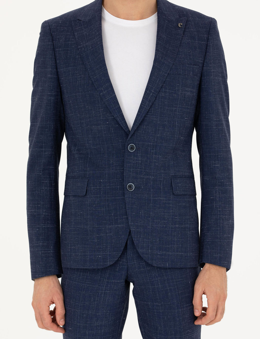 Lacivert Slim Fit Y_n Keten Kar___ml_ Tak_m Elbise
