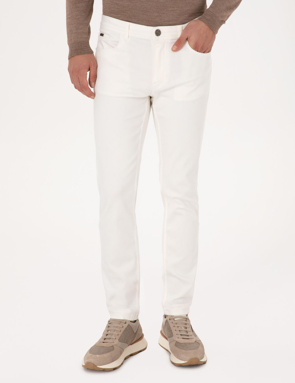 Beyaz Slim Fit Pamuk Liyosel Kar___ml_ Jean Pantolon