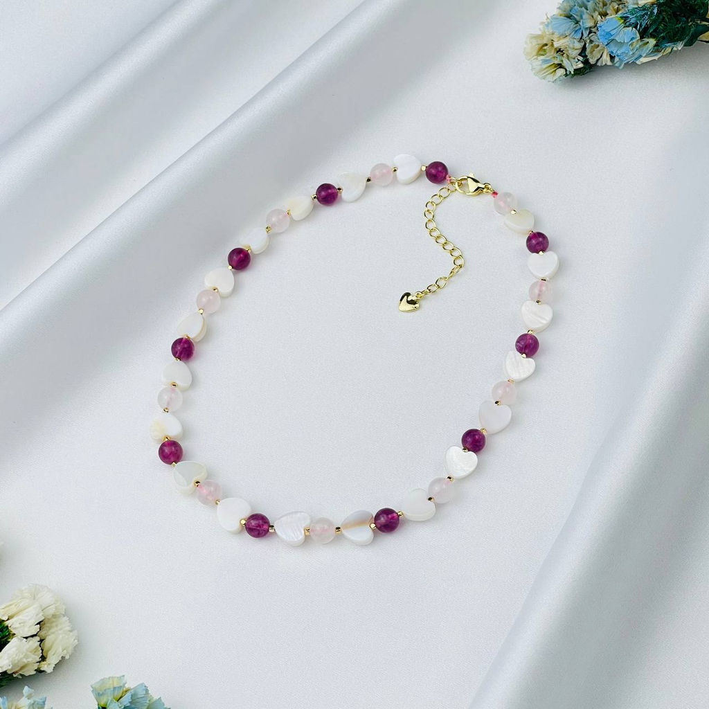 Бусы детские из Розового кварца, Флюорита и Перламутра 34 см +