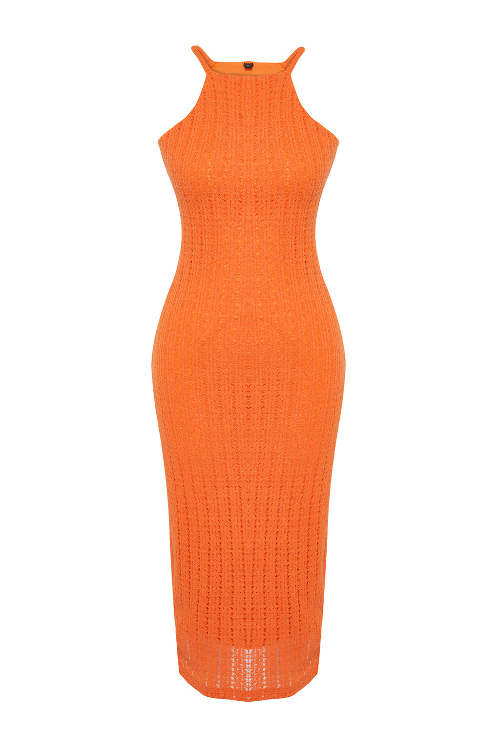 TRENDYOLMILLA Turuncu Triko Gorunumlu Shift/Duz Kesim Halter Yaka Midi Esnek Orme Kalem Elbise TWOSS24EL00594  фото 7