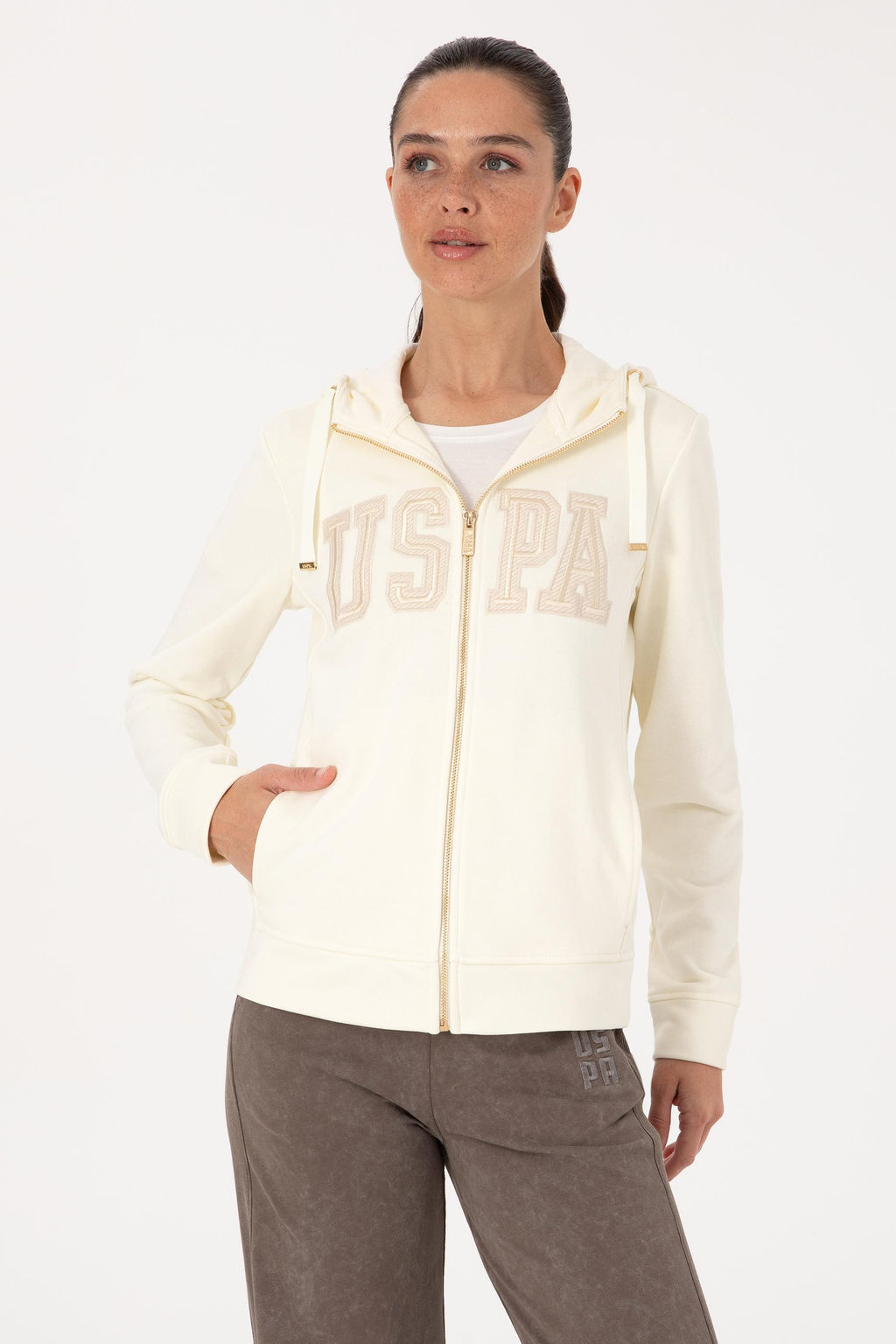 Kad_n Krem Fermuarl_ Kap__onlu Basic Sweatshirt