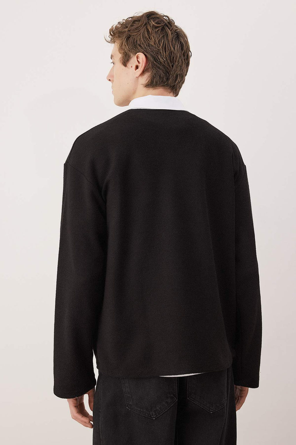 Siyah Yeni Oversize/Genis Kesim Nak?s Detayl? Kal?n Polo Yaka Sweatshirt TMNAW26SW00027 - Trendyolmilla фото 8