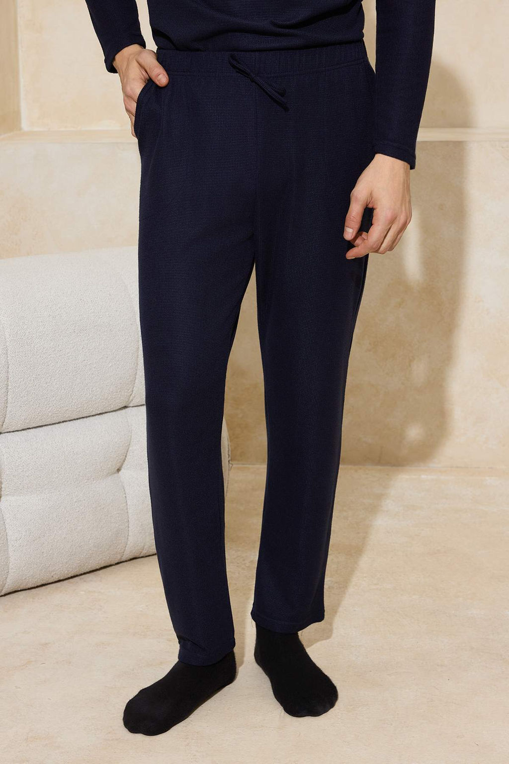 Lacivert Regular Yumusak Waffle Orme Pijama Tak?m? TMNAW26PT00066