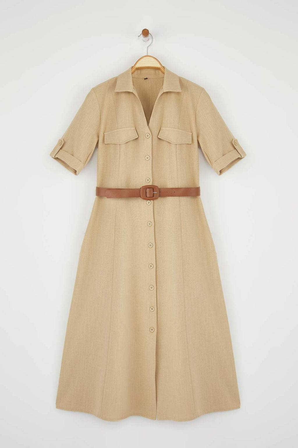 Trendyolmilla Haki Kemerli Keten Kar?s?ml? Cep Detayl? Midi Dokuma Gomlek Elbise TWOSS25EL00704  фото 12