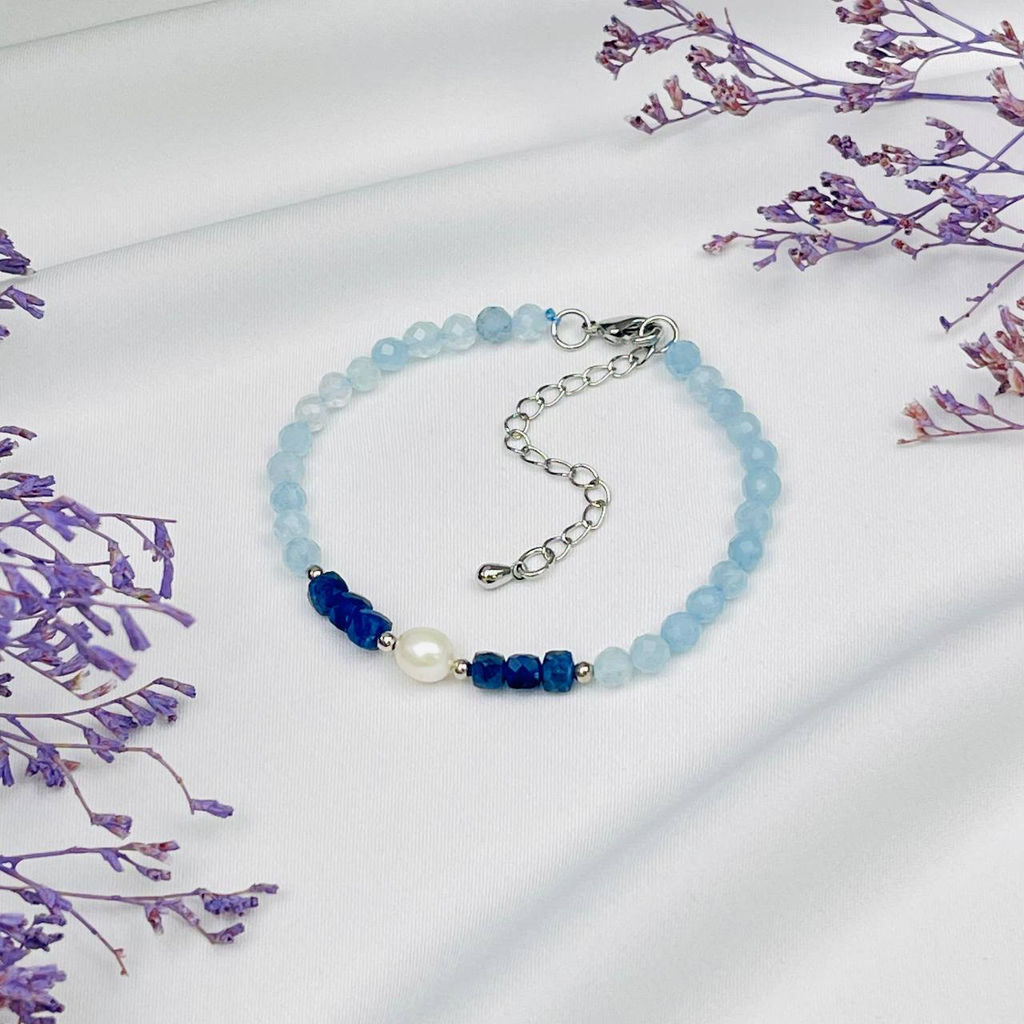 Браслет из Аквамарина,Содалита и Жемчуга 16,5 см +