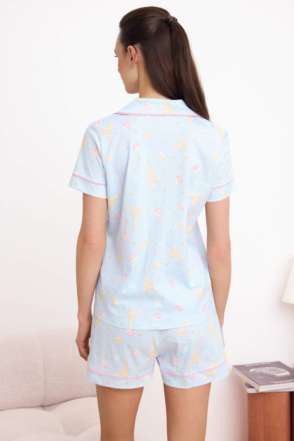 Mavi %100 Pamuklu Eglence Makaron ve Paris Desenli Biyeli Orme Pijama Tak?m? THMSS26PT00122 - Trendyolmilla фото 4