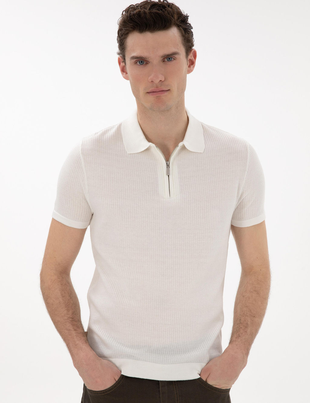 Ekru Slim Fit Fermuarl_ Polo Yaka Triko Kazak - Pierre cardin фото 3