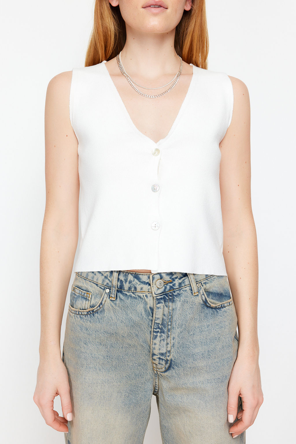 Trendyolmilla Ekru Basic Yelek Gorunumlu Premium Iplik/Ozel Iplik Bluz TWOSS24BZ00272  фото 4