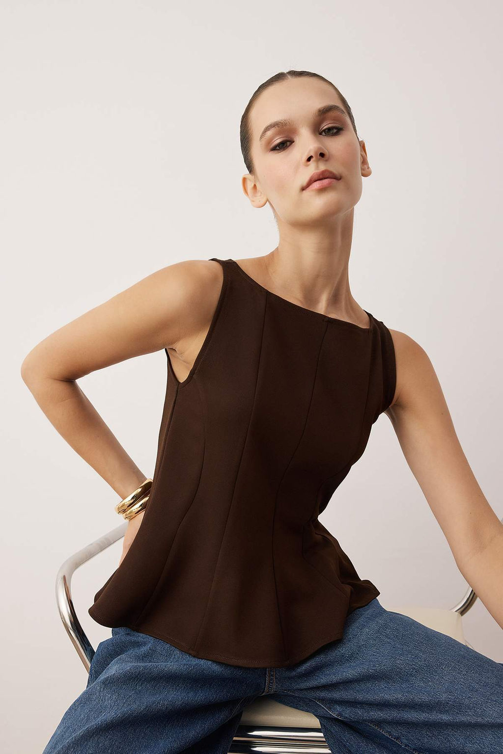 Kahverengi Peplum/Belden Oturmal? Kay?k Yaka Esnek Orme Bluz TWOAW26BZ00229 - Trendyolmilla фото 2