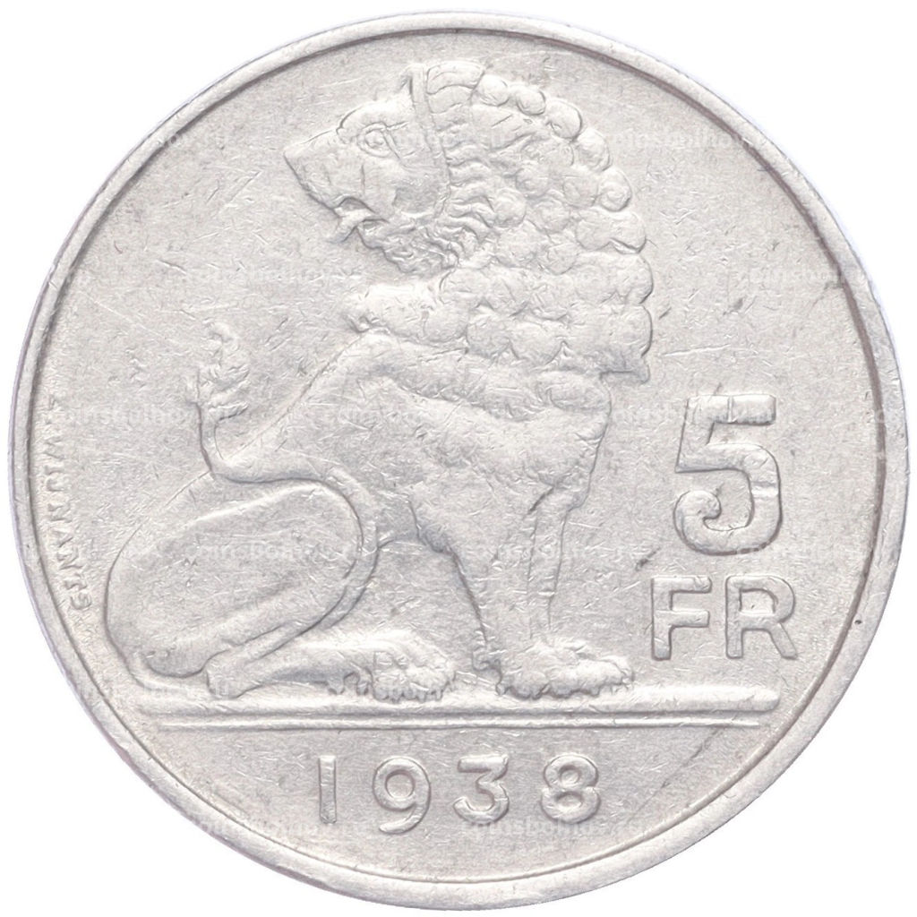 Монета 5 франков 1938 года Бельгия Надпись BELGIE BELGIQUE, гурт с изображением короны