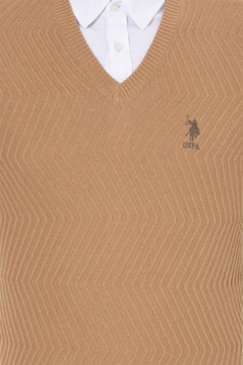 U. S. Polo Assn Мужской вязаный свитер светло-коричневого цвета с v-образным вырезом меланжевого цвета - U.s. polo assn фото 12