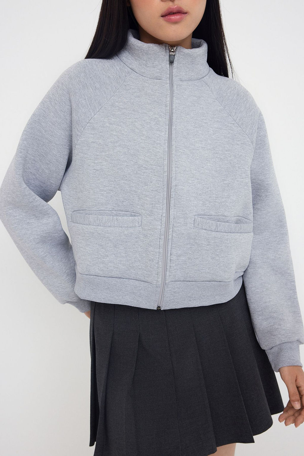 Gri Melanj Regular/Normal Kal?p Fermuarl? Dik Yaka Kal?n Ici Polarl? Orme Sweatshirt TWOAW26SW00017