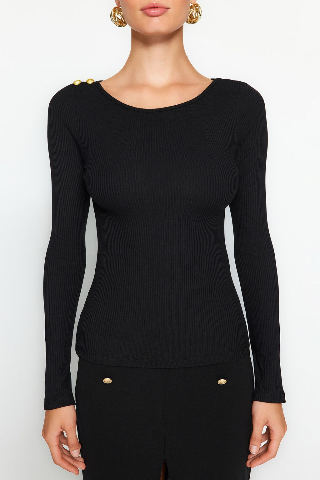 Siyah Kay?k Yaka Fitilli Esnek Regular Fit Uzun Kollu Dugme Detayl? Orme Bluz TWOAW24BZ00052 - Trendyolmilla фото 3