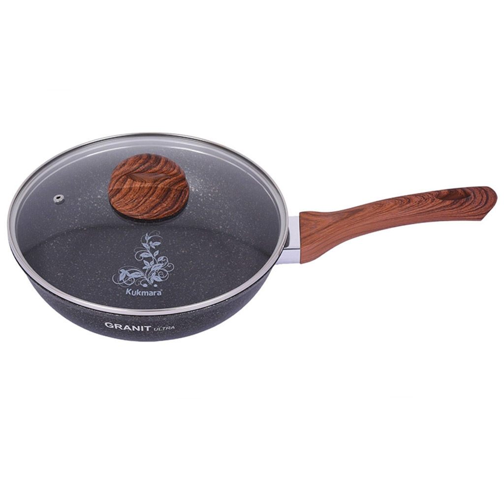 Сковорода с тефлоновым покрытием д24см Granit Ultra, h6см, ручка из термостойкого пластика 17см, стеклянная жаропрочная крышка, гранитный (Россия) - можно использовать металлические кухонные принадлежности