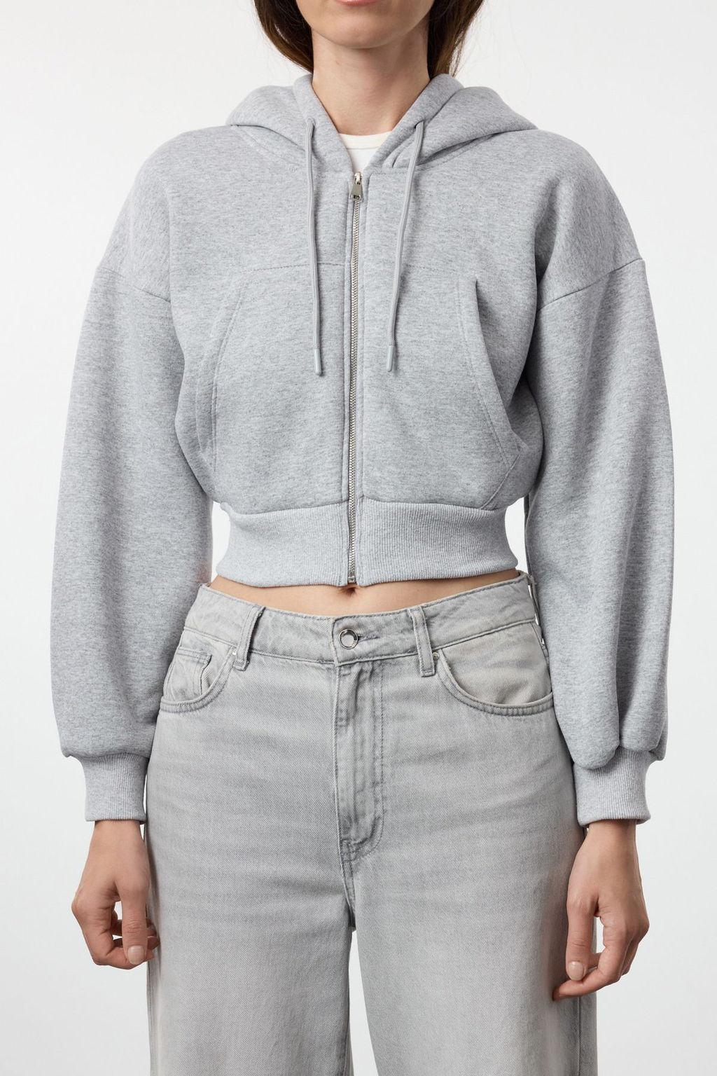 Gri Melanj Regular/Normal Kal?p Kapusonlu Kal?n ici Polarl? Orme Sweatshirt TWOAW25SW00068