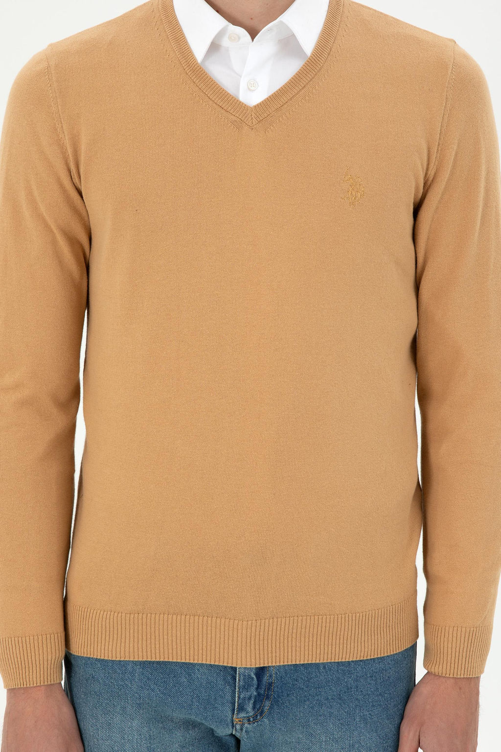 Erkek Slim Fit V Yaka Camel Basic Kazak - U.s. polo assn фото 6