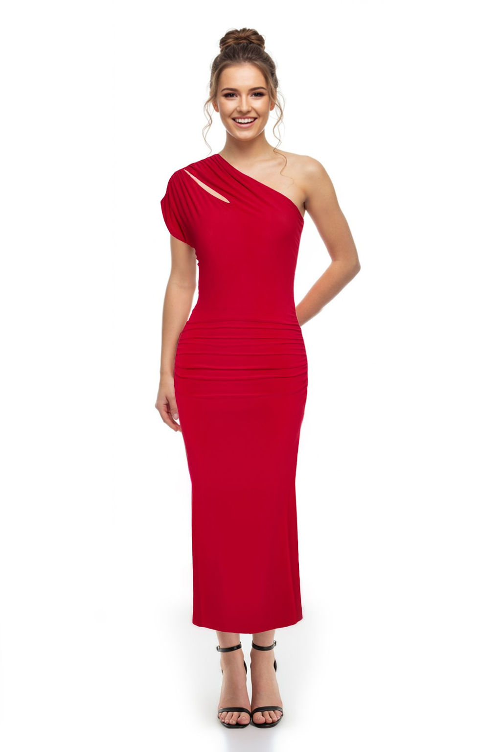 TRENDYOLMILLA Kahverengi Vucuda Oturan Cut Out/Pencere Detayl? Orme Midi S?k Elbise TPRSS25EL00064