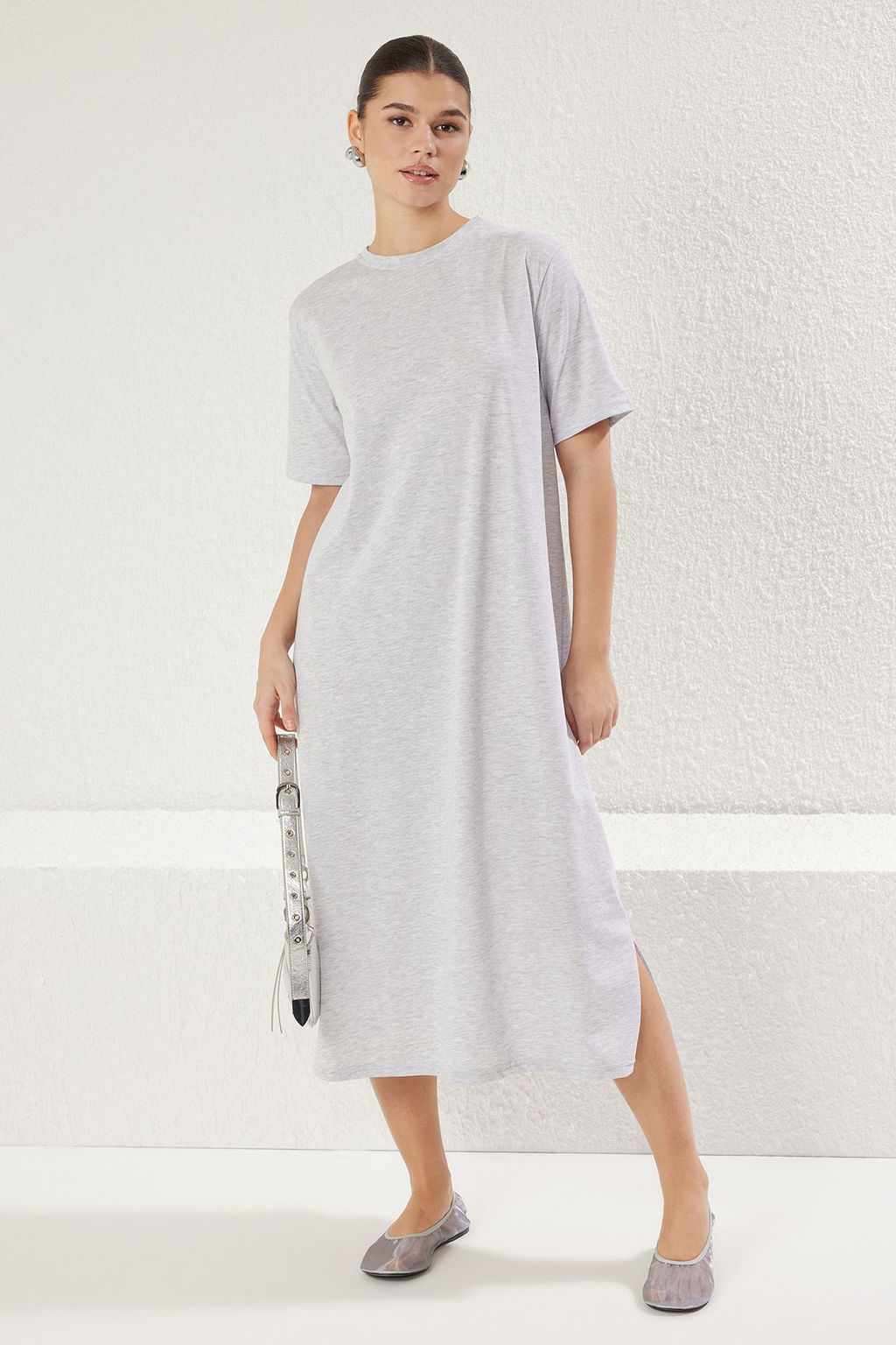 TRENDYOLMILLA Koyu Kahverengi %100 Pamuklu Bisiklet Yaka K?sa Kol Midi Orme T-shirt Elbise TWOSS25EL00465  фото 6