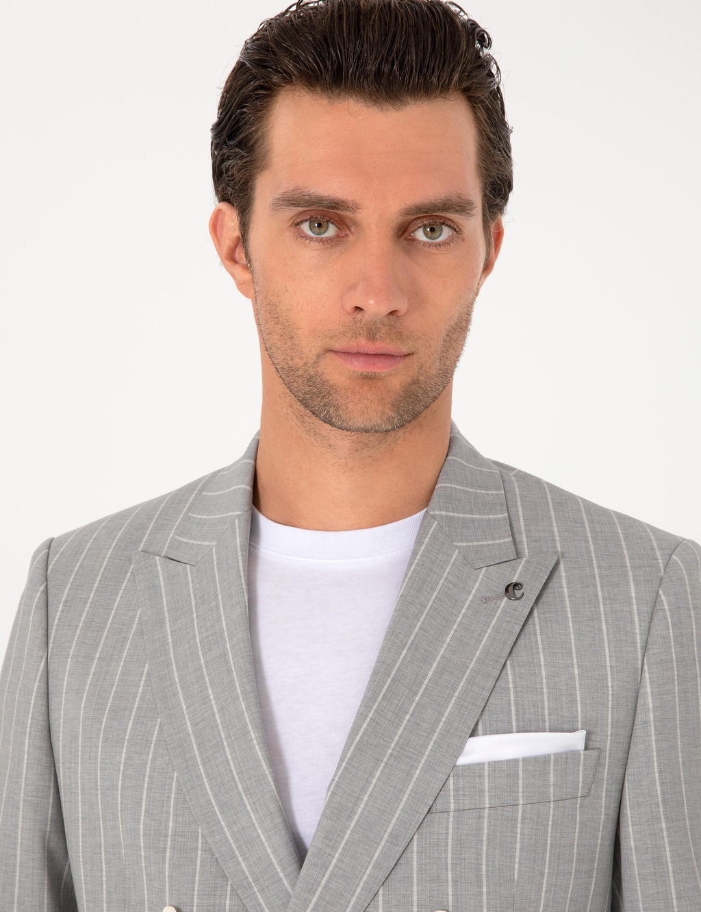 A__k Gri Slim Fit %100 Y_n _izgili Kruvaze Tak_m Elbise - Cacharel фото 2