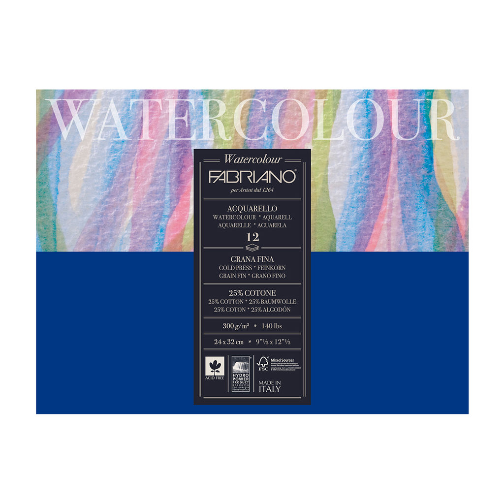 Fabriano Альбом для акварели Watercolour 25% хлопок, 75% целлюлоза 300 г/м2 24 х 32 см склейка с одной стороны 12 л. 17312432 мелкозернистая