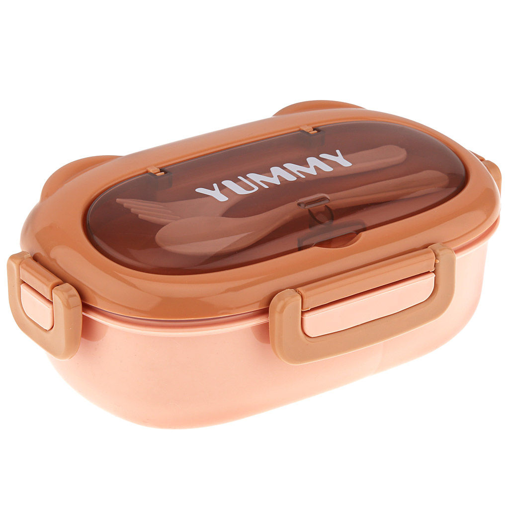 Ланч-бокс для продуктов пластмассовый Вкусно 20х12см h6,3см, 2 отделения 1л, с ложкой 14,3см, с вилкой 14,3см, с клипсами, с пароотводом, с уплотнителем, цвета в ассортименте: серо-бежевый, зеленый, сине-желтый, розово-карамельный, в п/эт пакете (К - Домашняя мода фото 3