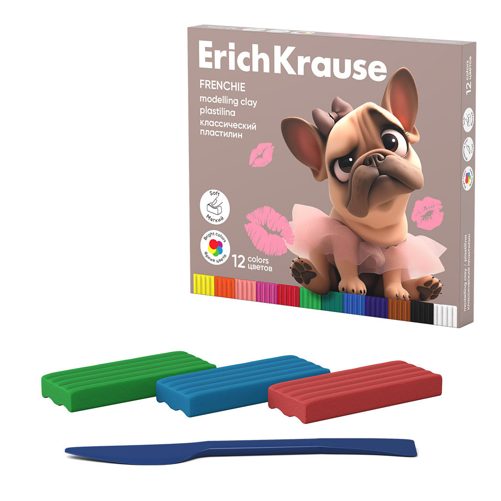АКЦИЯ Цена за 1 шт. Пластилин классический ErichKrause Frenchie 12 цветов со стеком, 192 г (в коробке 12 шт)
