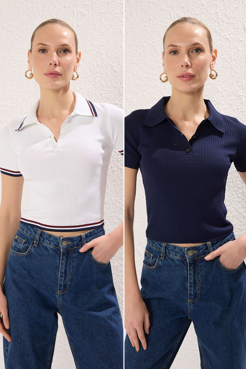 Lacivert-Ekru Basic Polo Yaka Ikili Paket Triko Ince Bluz TWOSS25BZ00503