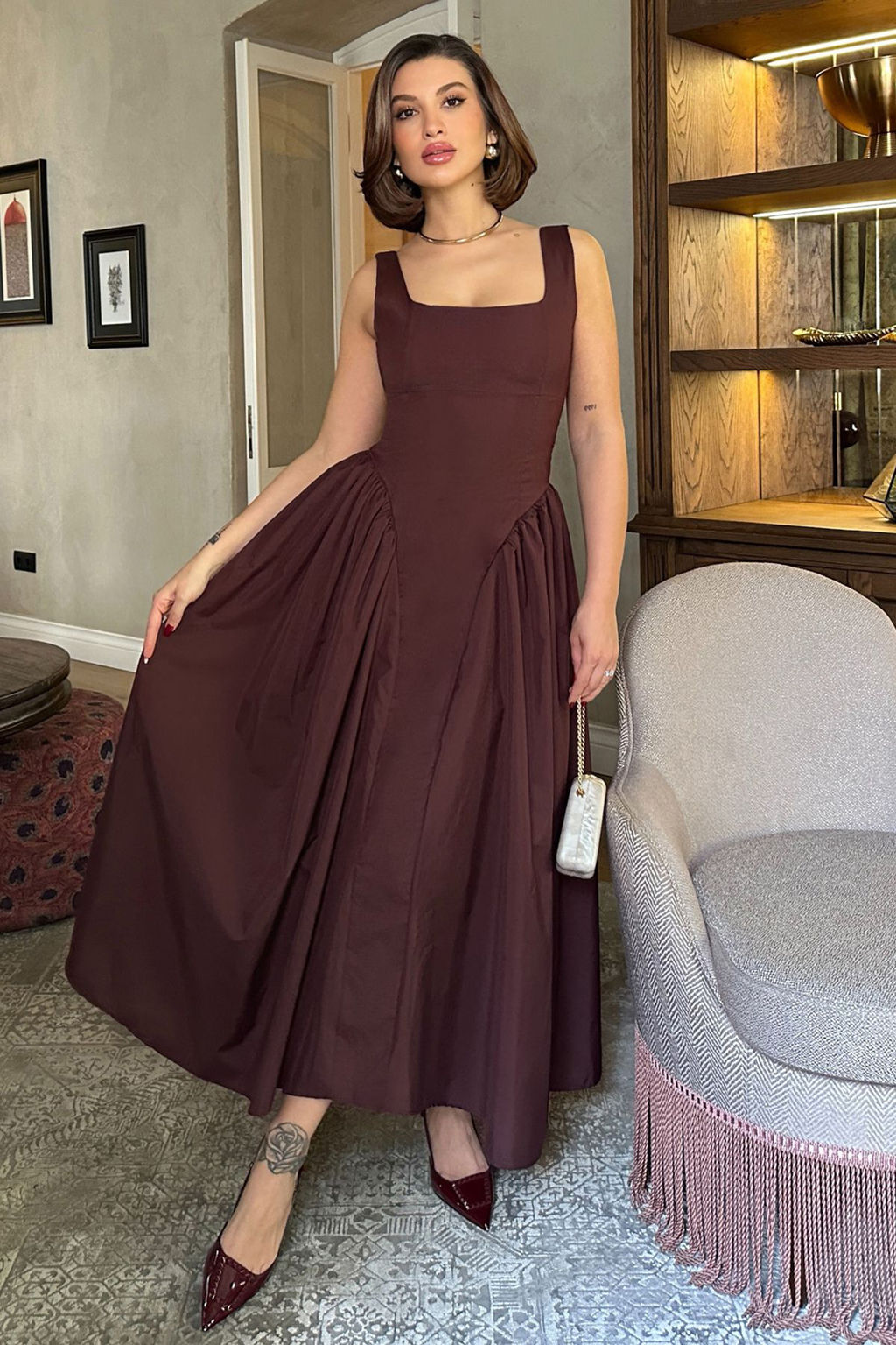 Kahverengi A-Kesim Poplin Dokuma S?k Elbise TPRSS25EL00158