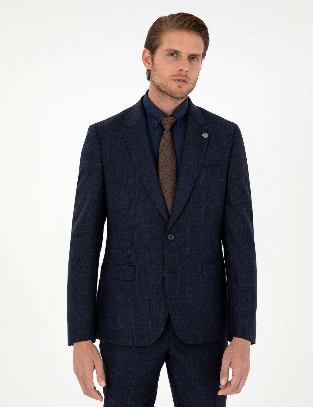 Lacivert Slim Fit Ekose Y_n Tak_m Elbise