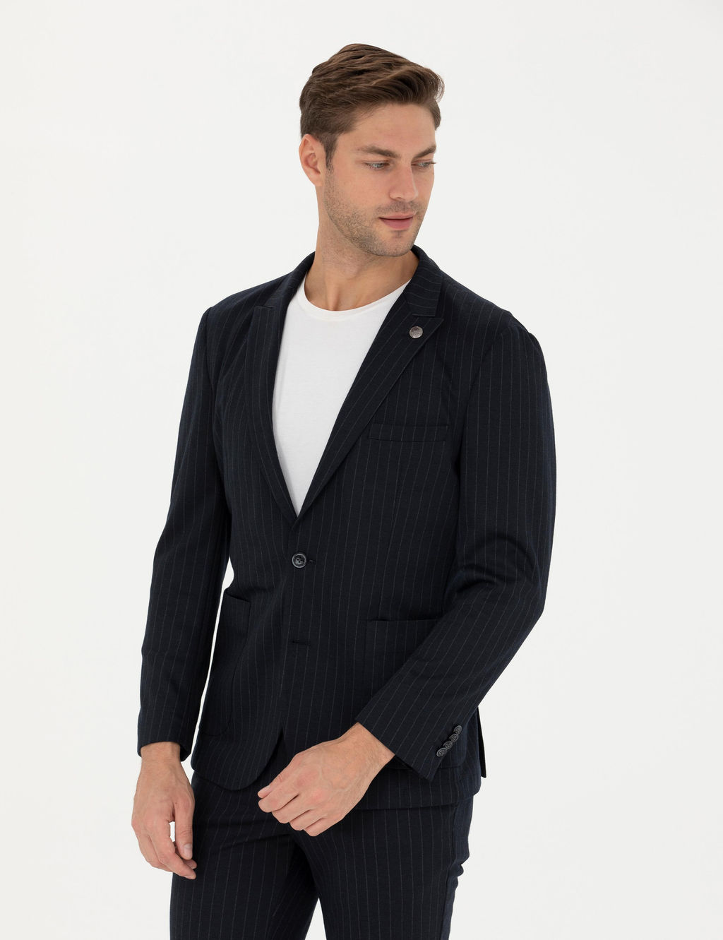 Lacivert Ekstra Slim Fit Y_n Kar___ml_ _izgili Tak_m Elbise
