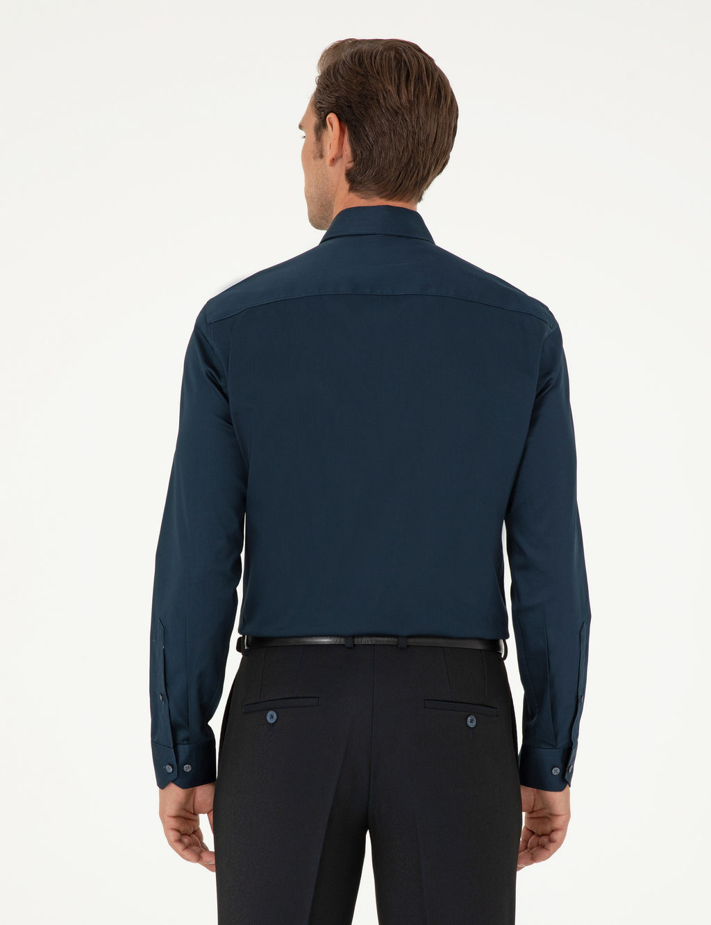 Lacivert %100 Pamuk Parlak Saten Slim Fit Uzun Kollu Basic G_mlek