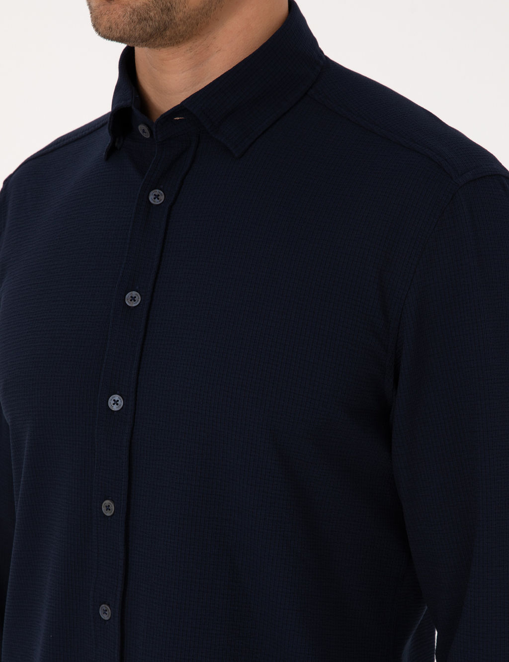 Lacivert Esnek Slim Fit _izgili Uzun Kollu G_mlek
