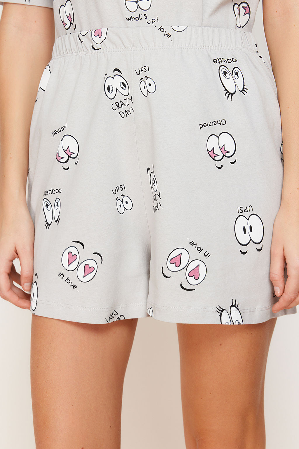 Trendyolmilla Gri %100 Pamuklu Eglence Desenli Sortlu Orme Pijama Tak?m? THMSS24PT00024  фото 6