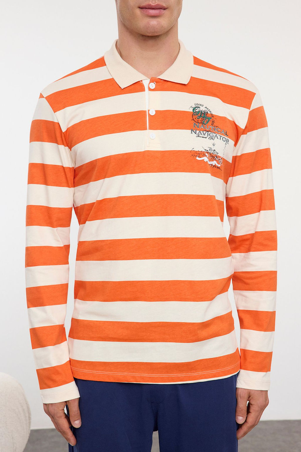 Turuncu- Ekru Cizgili Polo Yaka Regular Fit Orme %100 Pamuklu Pijama Tak?m? TMNAW25PT00019